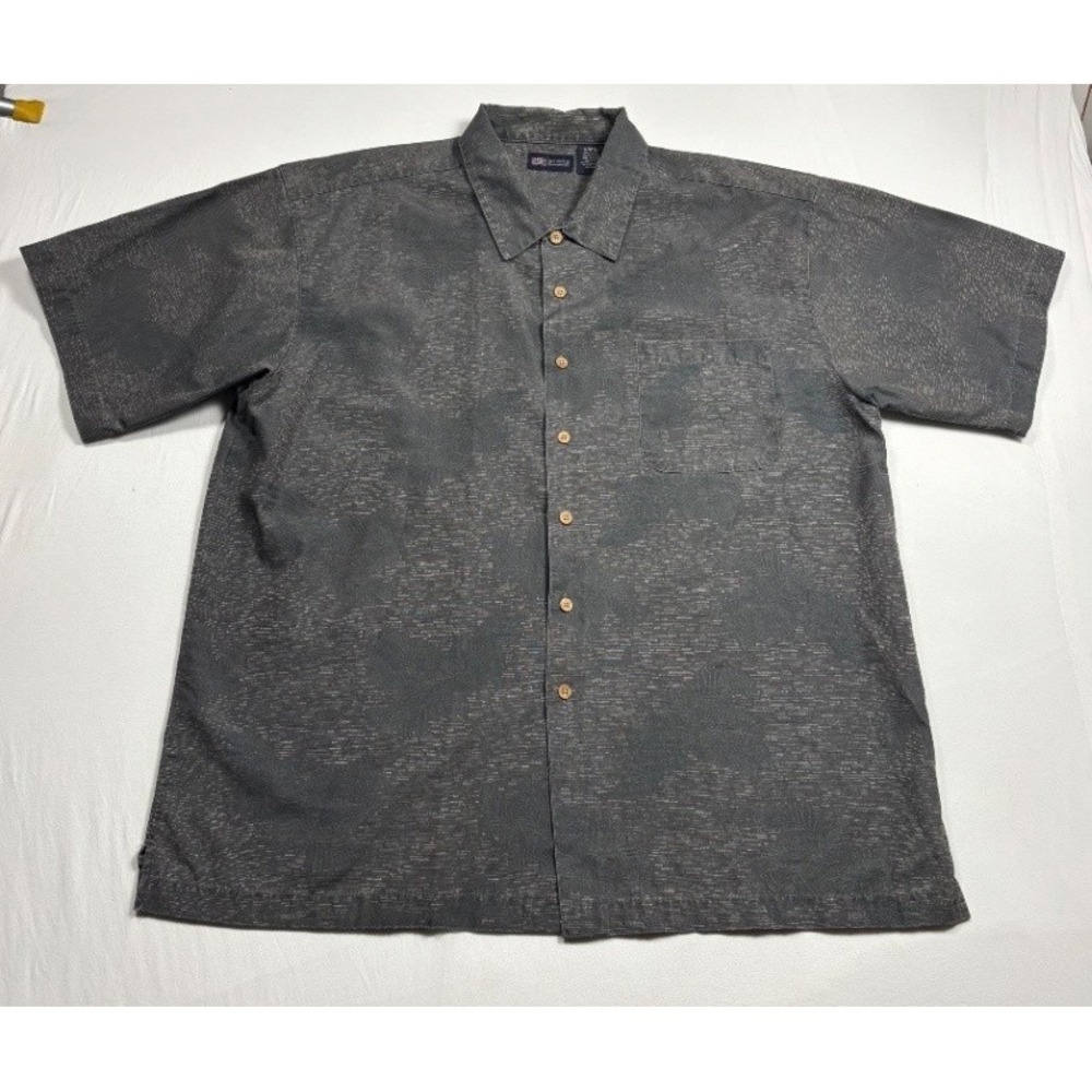 Faded Glory Mens XL Gray Short Sleeve Casual Button Down Shirt Tropical Palm